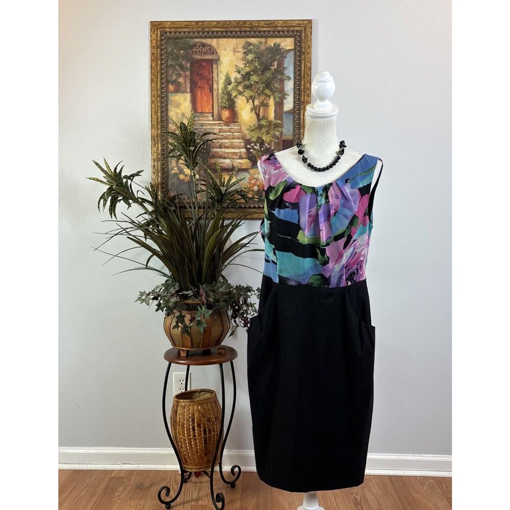 Connected Apparel Sheath Dress Women's 14 Black Floral Top Sleeveless Back Zip